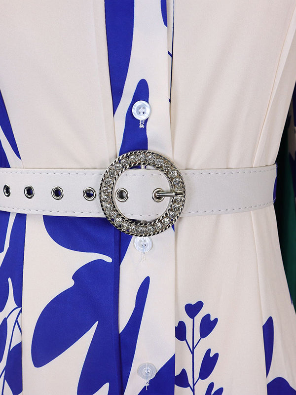 Irregular clipping Long Sleeves Lace-Up Pleated Printed Split-Joint Tied Waist Lapel Maxi Dresses Shirt Dress