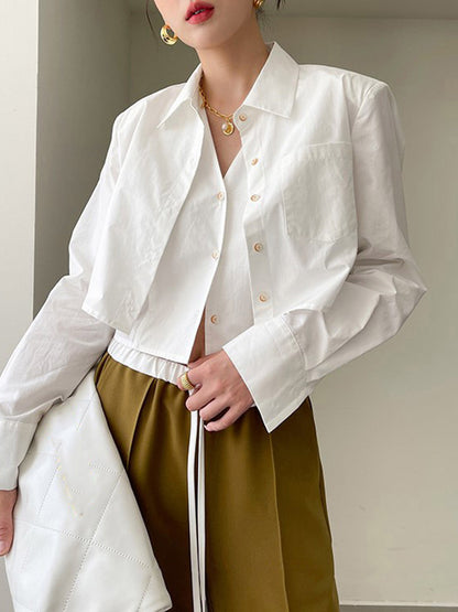 Lapel False Two Buttoned Pockets Solid Color Inner Shirts   Outerwear Blouses&Shirts Tops