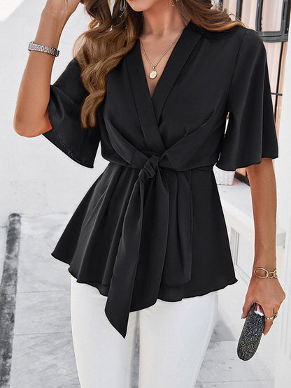 Flared Sleeves Half Sleeves Solid Color Tied V-Neck Blouses&Shirts Tops