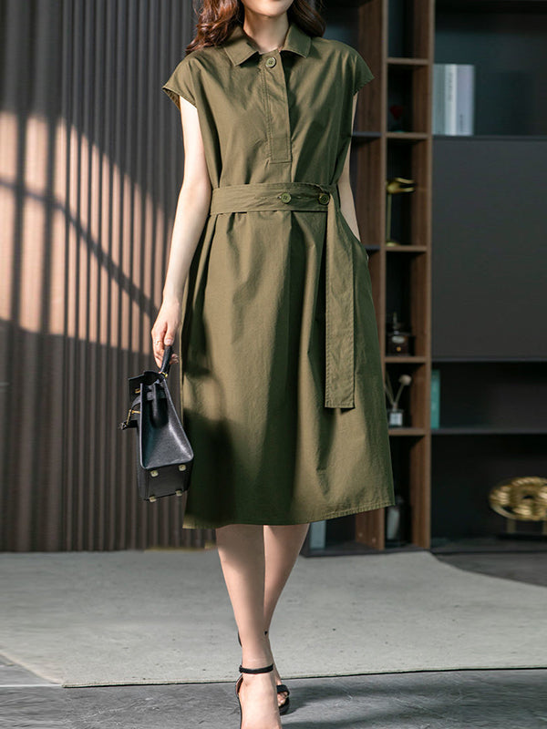 Plus Size Short Sleeves Bandage Solid Color Lapel Midi Dresses