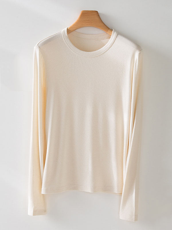 Long Sleeves Solid Color Round-Neck Skinny T-Shirts Tops