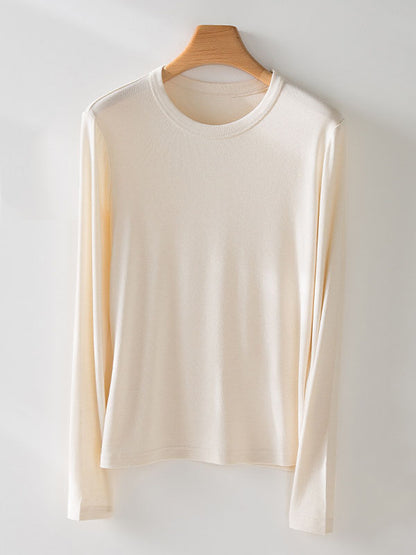 Long Sleeves Solid Color Round-Neck Skinny T-Shirts Tops