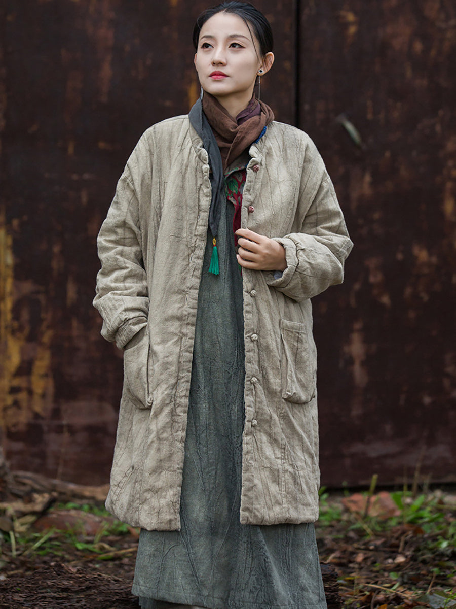 Women Winter Ethnic Solid Ramie Padded Long Coat