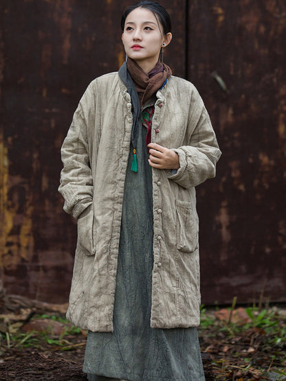 Women Winter Ethnic Solid Ramie Padded Long Coat
