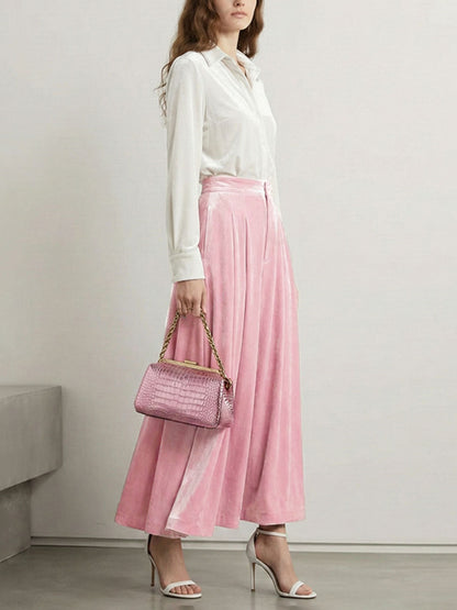 High Waisted Elasticity Pleated Pockets Solid Color Skirts Bottoms