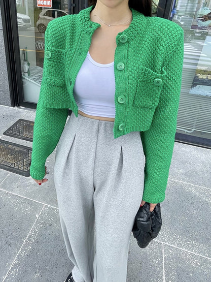 Long Sleeves Buttoned Pockets Solid Color Round-Neck Cardigan Tops