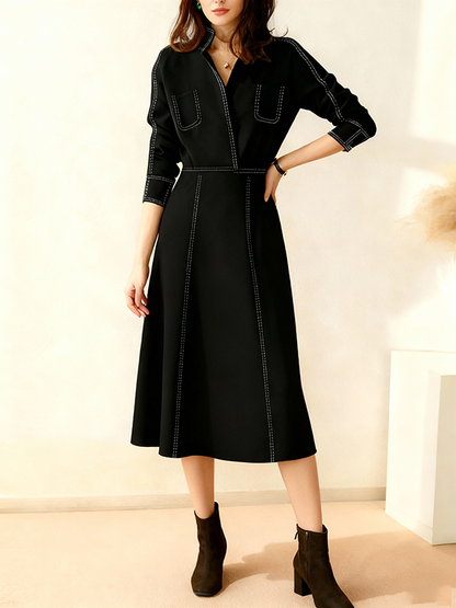 A-Line Elasticated Waist Contrast Color Line Split-Joint Lapel Midi Dresses
