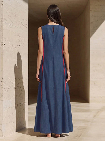 A-Line Loose Contrast Color Pockets Split-Joint Round-Neck Maxi Dresses