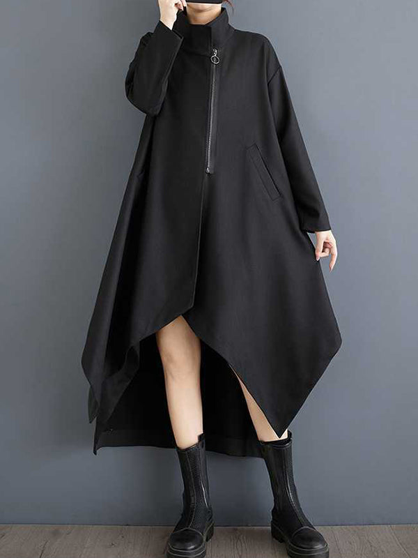High-low Long Sleeves Pockets Solid Color Split-Joint Zipper Stand Collar Outerwear