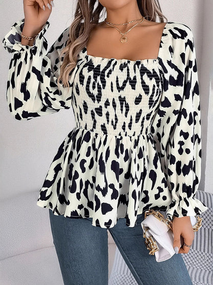 Long Sleeves Puff Sleeves Leopard Pleated Ruffled Square-Neck T-Shirts Tops