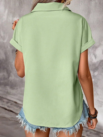 Loose Short Sleeves Buttoned Pleated Solid Color Lapel Blouses&Shirts Tops