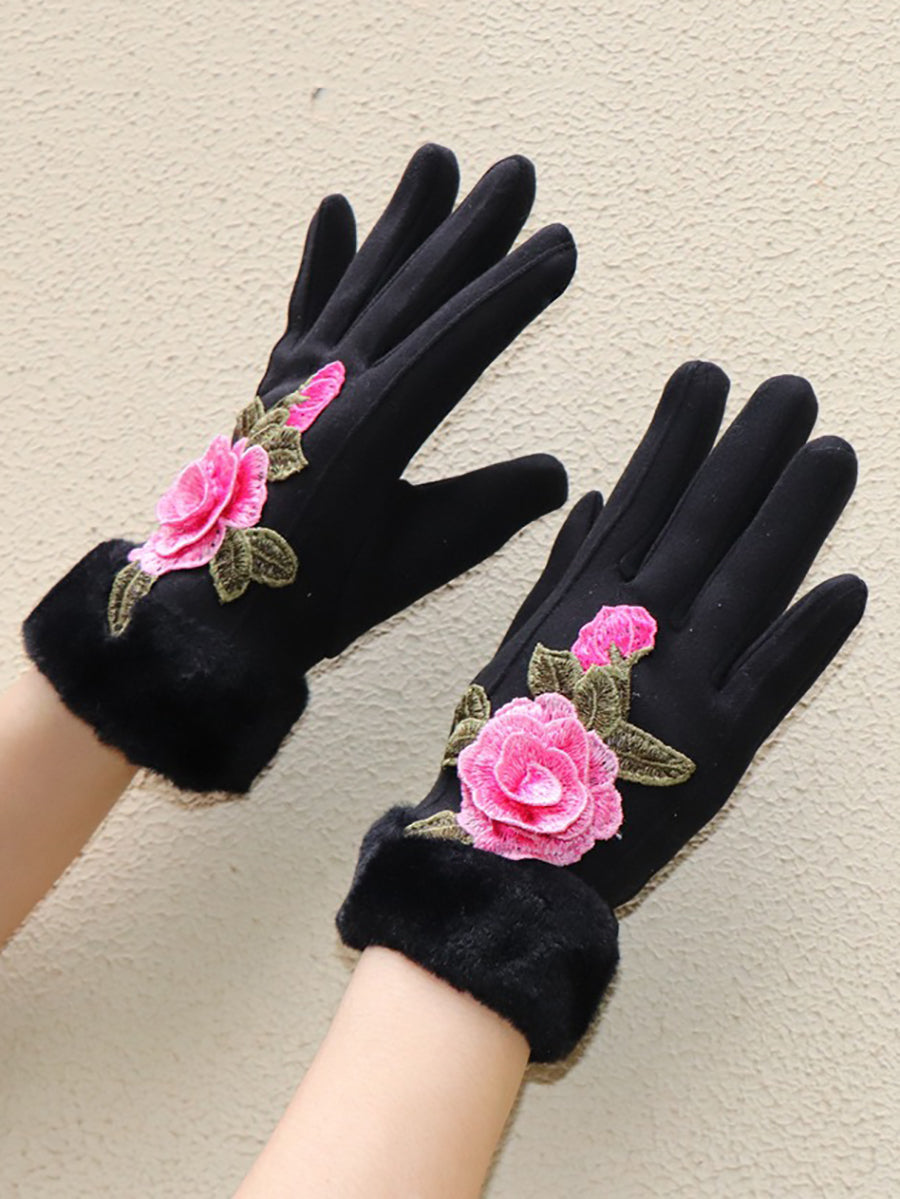 Women Artsy Winter Embroidery Fleece-lined Gloves