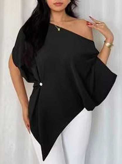 Batwing Sleeves Loose Asymmetric Pleated Solid Color One-Shoulder T-Shirts Tops
