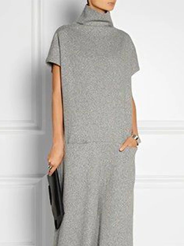 Loose Short Sleeves Solid Color Split-Joint High Neck Maxi Dresses