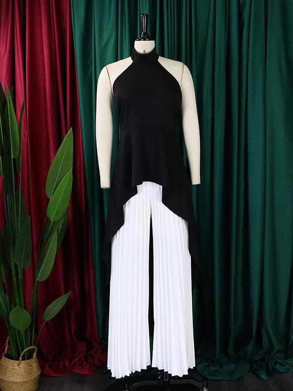 Loose Backless Lacy Solid Color Halter-Neck Vest Top + High-Low Pants Bottom Two Pieces Set