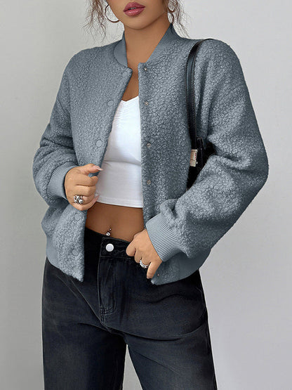 Long Sleeves Buttoned Elasticity Pockets Solid Color Collarless Jackets&Coats