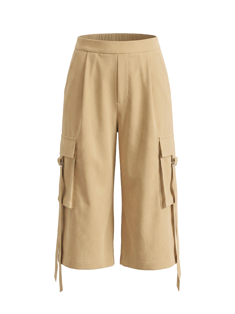 High Waisted Wide Leg Pleated Pockets Solid Color Split-Joint Streamer Cropped Trousers
