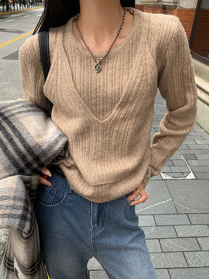 False Two Long Sleeves Solid Color Round-Neck Pullovers Sweater Tops