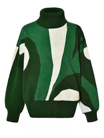 Long Sleeves Loose Contrast Color Split-Joint High Neck Pullovers Sweater Tops
