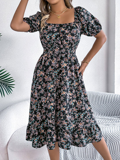 A-Line Short Sleeves Contrast Color Elasticity Flower Print Ruffle Trim Split-Joint Square-Neck Midi Dresses
