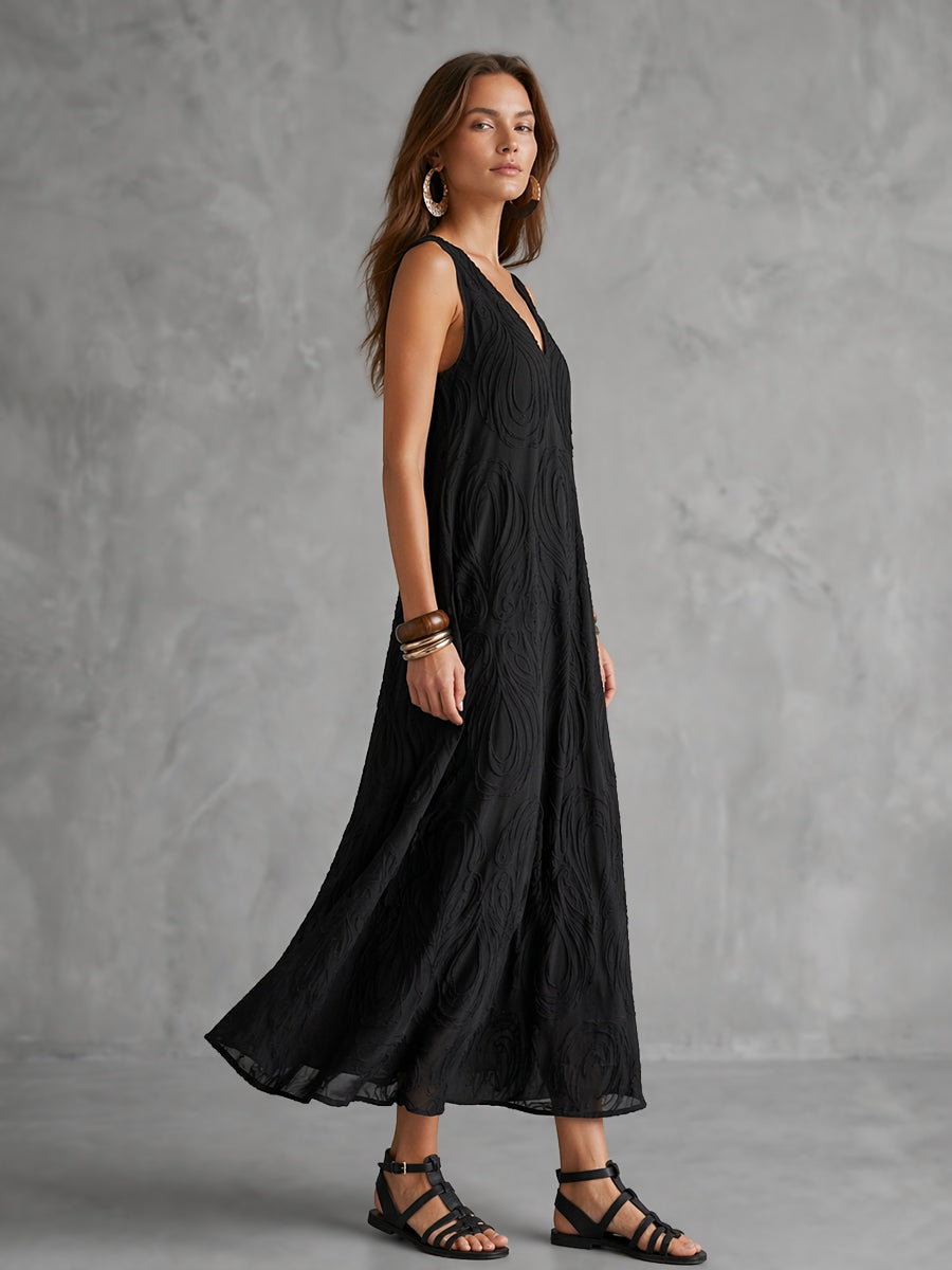 A-Line Loose Jacquard Solid Color V-Neck Midi Dresses