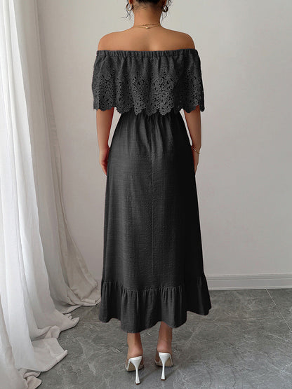 A-Line High Waisted Pleated Ruffled Solid Color Split-Joint Off-the-shoulder Midi Dresses