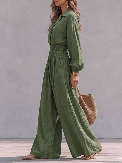 Solid Color Ruched Pockets Elasticity Buttoned Wide Leg Loose Lapel Jumpsuits