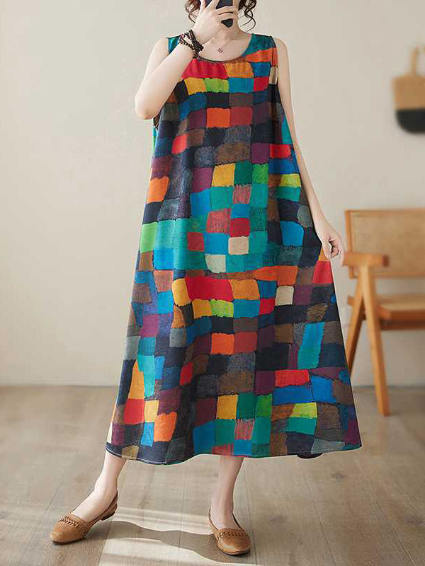 Loose Sleeveless Contrast Color Multi-Colored Plaid Round-Neck Midi Dresses
