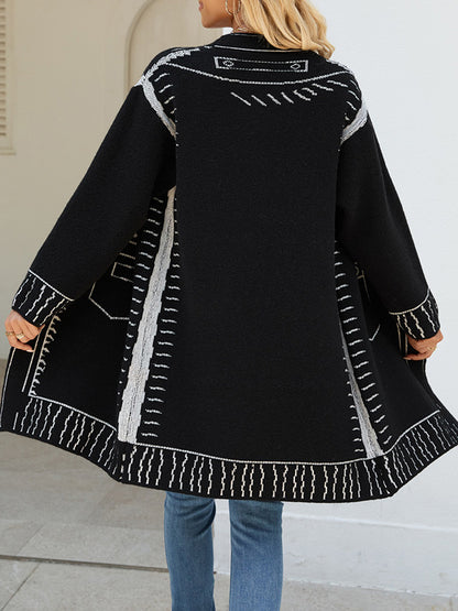 Long Sleeves Loose Jacquard Split-Joint V-Neck Cardigan Tops