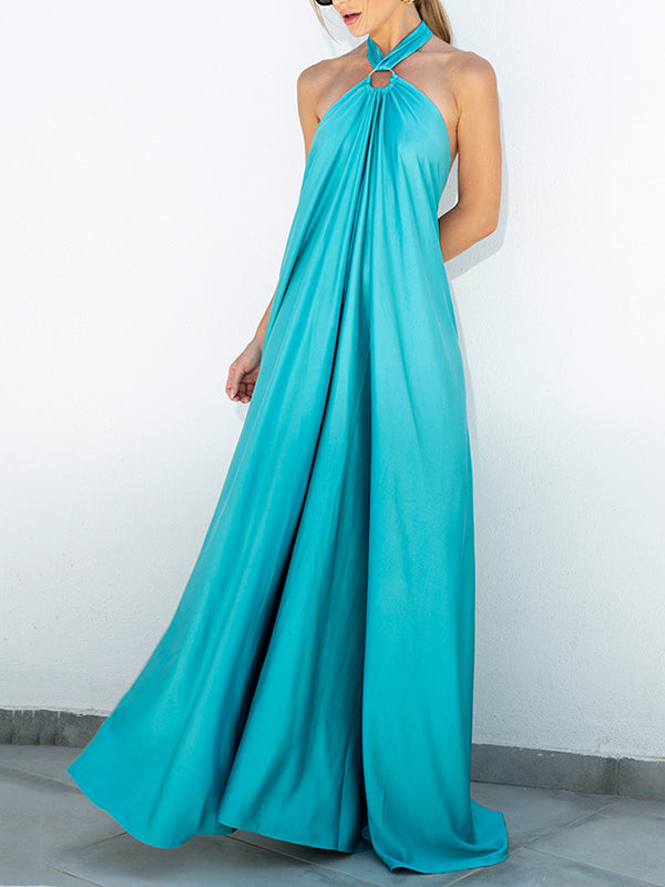 A-Line Loose Backless Solid Color Tied Halter-Neck Maxi Dresses