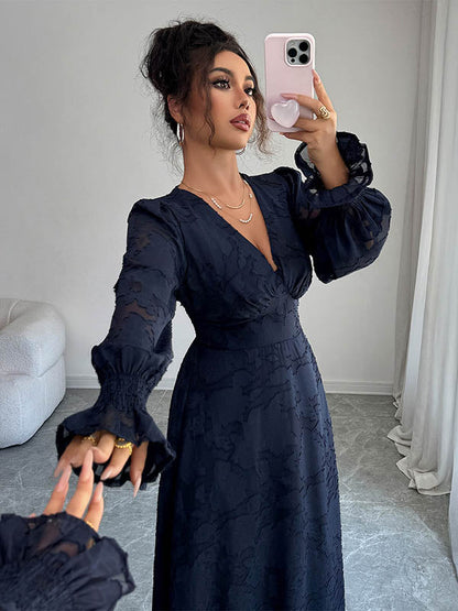 A-Line Elasticated Waist Jacquard Leaves Print Ruffled Solid Color Split-Joint Deep V-Neck Midi Dresses