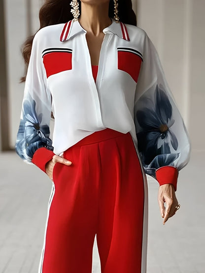 Long Sleeves Loose Contrast Color Ink-Printing Split-Joint Lapel Blouses&Shirts Tops