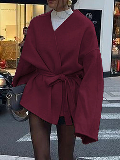 Long Sleeves Loose Solid Color Tied Waist V-Neck Outerwear