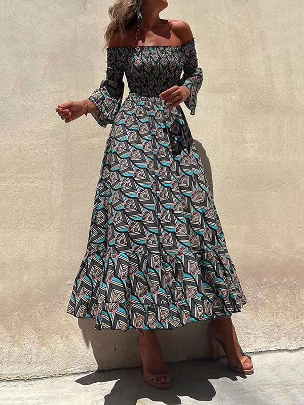 A-Line Flared Sleeves Elasticity Printed Off-The-Shoulder Midi Dresses