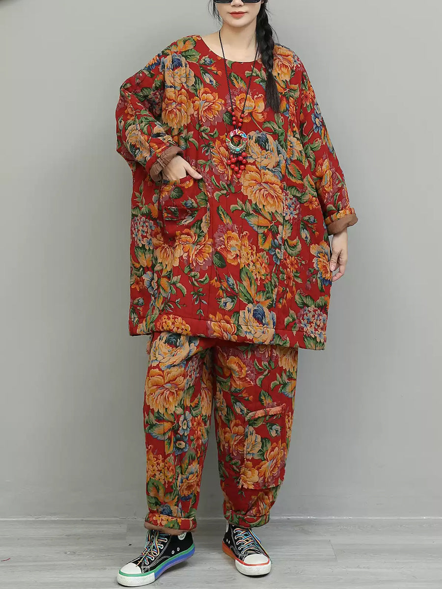 Women Vintage Winter Flower Cotton Padded Suits
