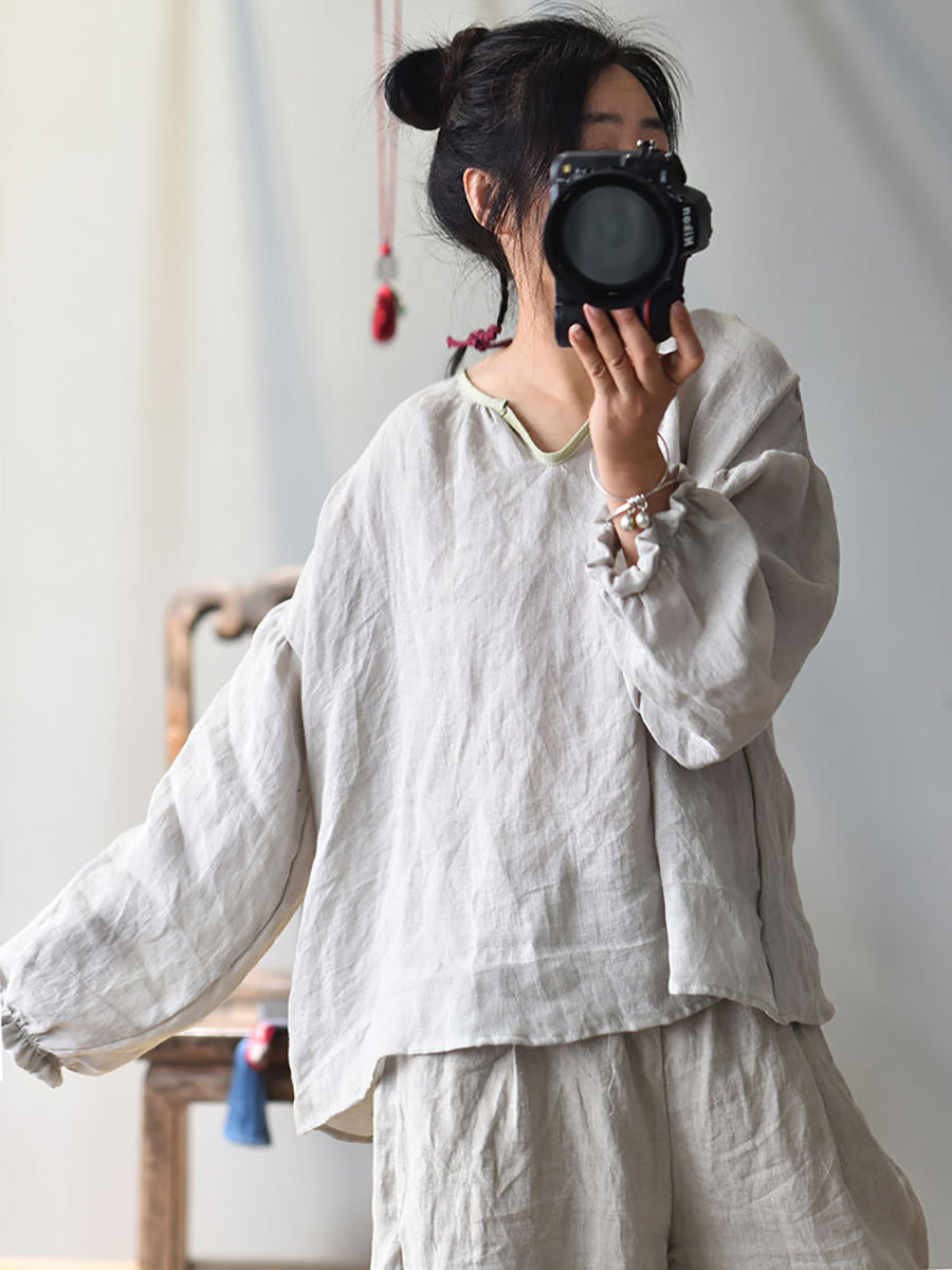 Plus Size Women Spring Retro V-Neck Puff Sleeve Shirt