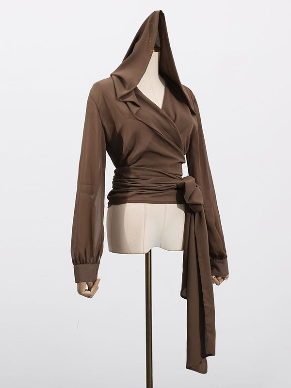 Long Sleeves Loose Pleated See-Through Solid Color Tied Waist Hooded Blouses&Shirts Tops
