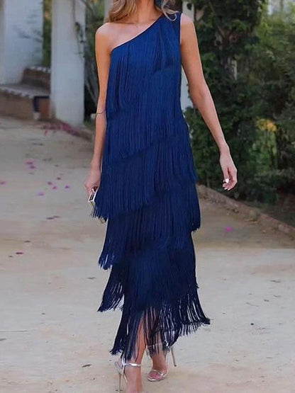 Loose Sleeveless Asymmetric Solid Color Split-Joint Tasseled One-Shoulder Maxi Dresses
