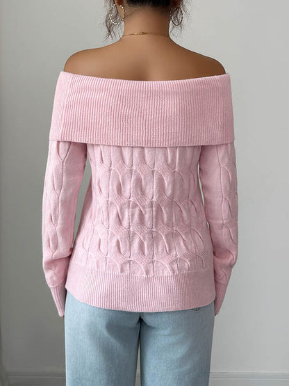 Long Sleeves Solid Color Split-Joint Off-The-Shoulder Pullovers Sweater Tops