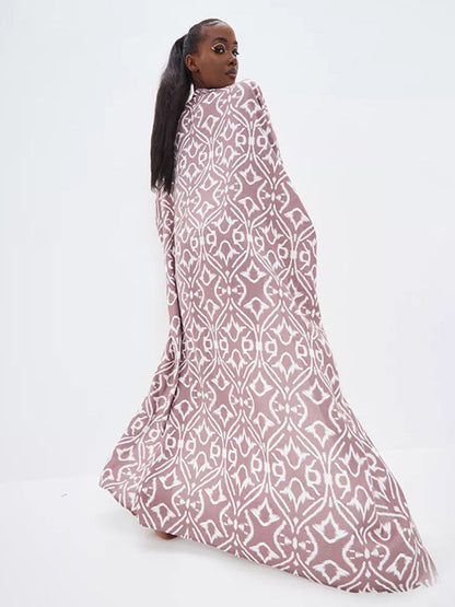 Batwing Sleeves Long Sleeves Contrast Color Printed Tied Waist Deep V-Neck Cover-Up