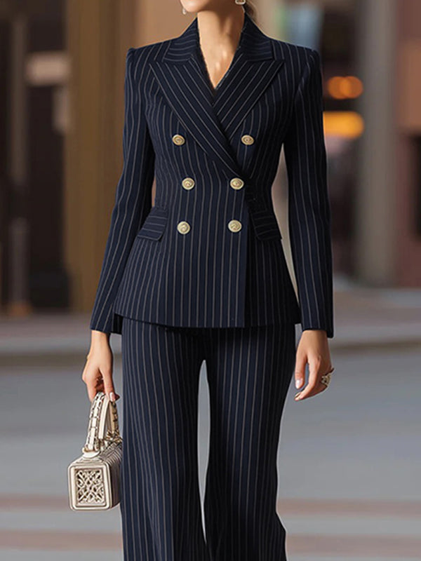 Long Sleeves Buttoned Pockets Striped Notched Collar Blazer Outerwear