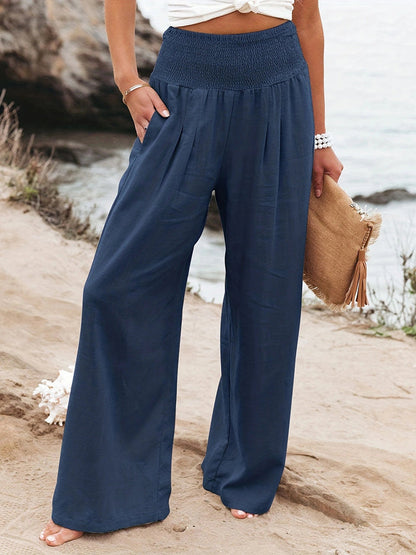 Elasticated Waist High Waisted Pleated Pockets Solid Color Split-Joint Pants