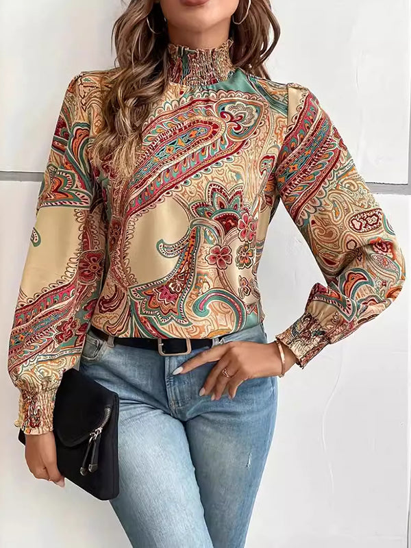 Long Sleeves Loose Buttoned Elasticity Flower Print Hollow Split-Joint Mock Neck Blouses&Shirts Tops