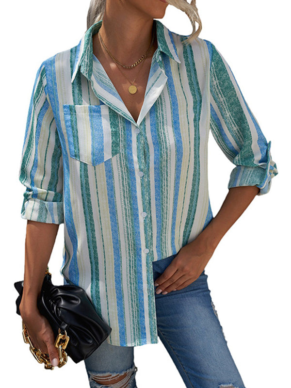 High-Low Long Sleeves Buttoned Pockets Striped Lapel Blouses&Shirts Tops