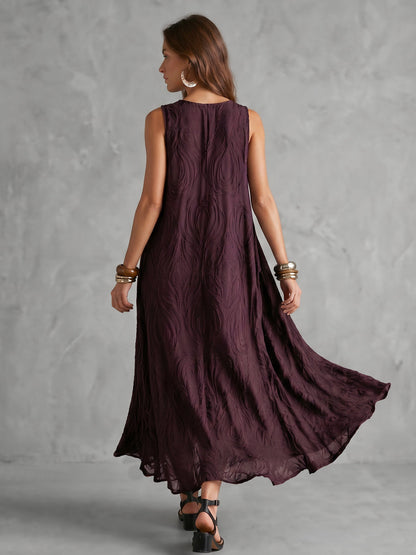 A-Line Loose Jacquard Solid Color V-Neck Midi Dresses