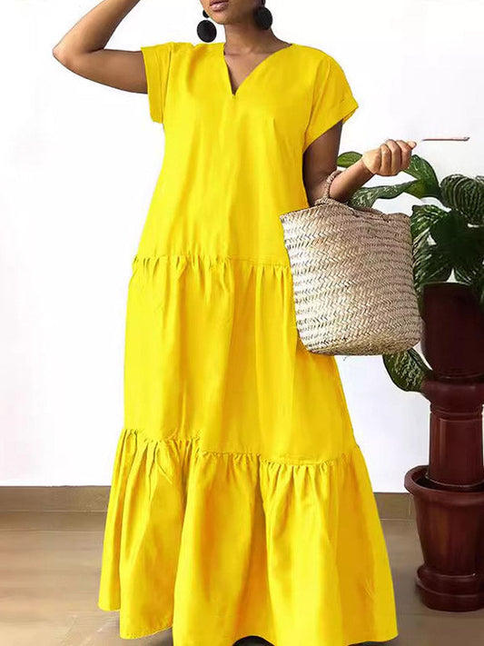A-Line Loose Pleated Solid Color Split-Joint V-Neck Maxi Dresses