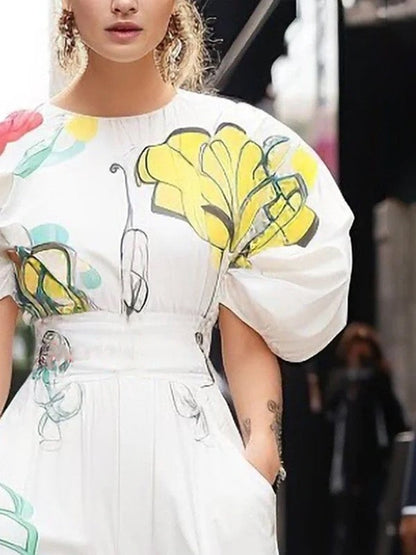 Half Sleeves Puff Sleeves Flower Print Pleated Round-Neck Blouses&Shirts Tops