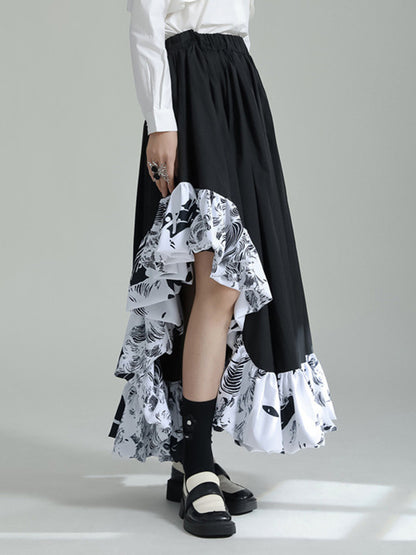 High Waisted Loose Asymmetric Elasticity Pleated Printed Ruffled Split-Joint Skirts Bottoms