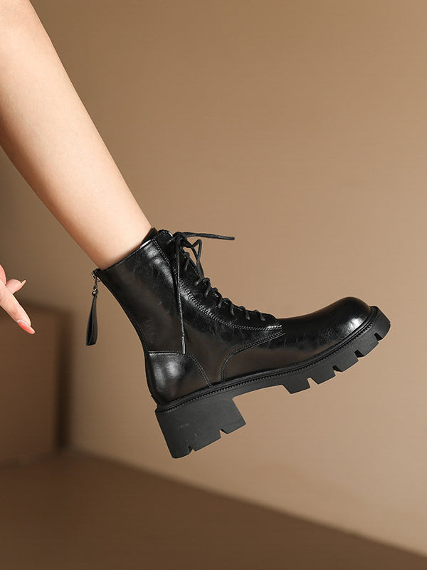 Chunky Shoes Height Increasing Lace-Up Round-Toe Solid Color Velvet Zipper Boots