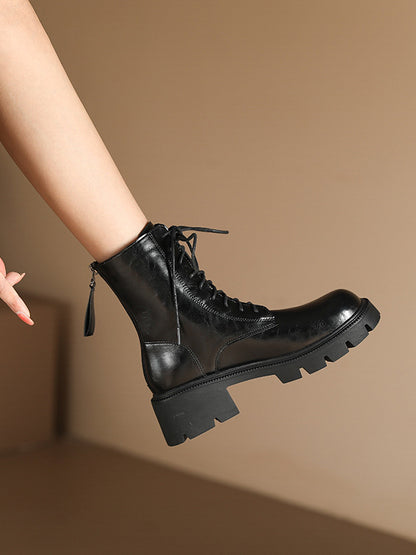 Chunky Shoes Height Increasing Lace-Up Round-Toe Solid Color Velvet Zipper Boots